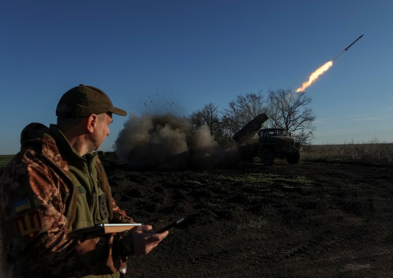 Ukrainian servicemen of the 59th Separate Motorised Infantry Brigade of the Armed Forces of Ukraine, fire a BM-21 Grad multiple launch rocket system towards Russian troops near a front line, amid Russia's attack on Ukraine, in Donetsk region, Ukraine April 4, 2024. REUTERS/Sofiia Gatilova
