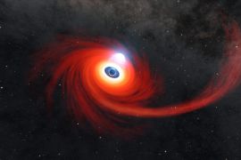 رسم يوضح قدرة الثقوب السوداء على امتصاص الغازات والغبار الناتج عن النجوم القريبة وجعلها تدور في أفلاك حوله، في حين تقبع منطقة الانغماس المكتشفة مؤخرا داخل هذه الأقراص الدوّارة (ناسا)