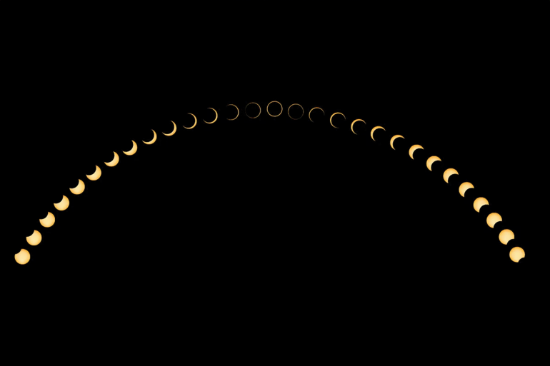 Composite image showing the stages of an annular solar eclipse as the moon takes an increasingly bigger "bite" our of the sun. (Image credit: Allexxandar via Getty Images)